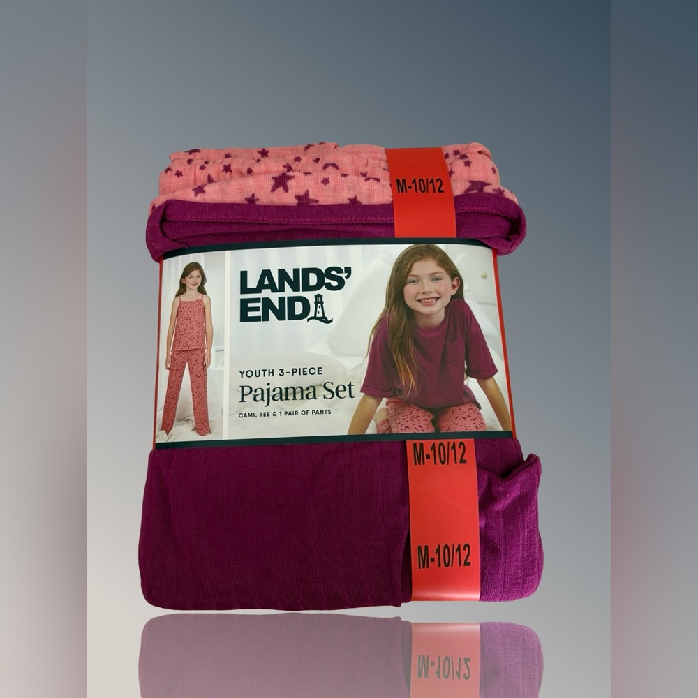Lands' End Youth 3 Piece Pajama Set - Starry Pink and Deep Purple Size M 10/12